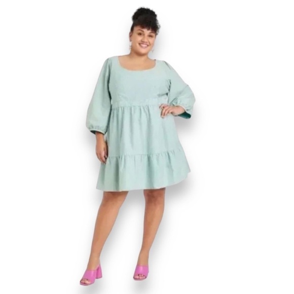 Ava & Viv Women's Balloon 3/4 Sleeve A-line Tiered Dress - Teal size X - Picture 2 of 4